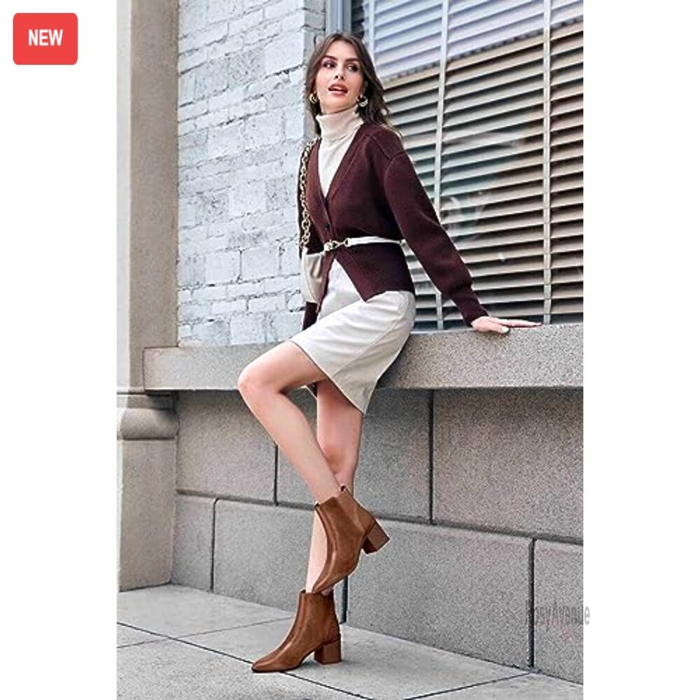 Pointed Toe Ankle Boots Elastic Chunky Block Heel Slip On Chelsea Booties - Picture 3 of 7